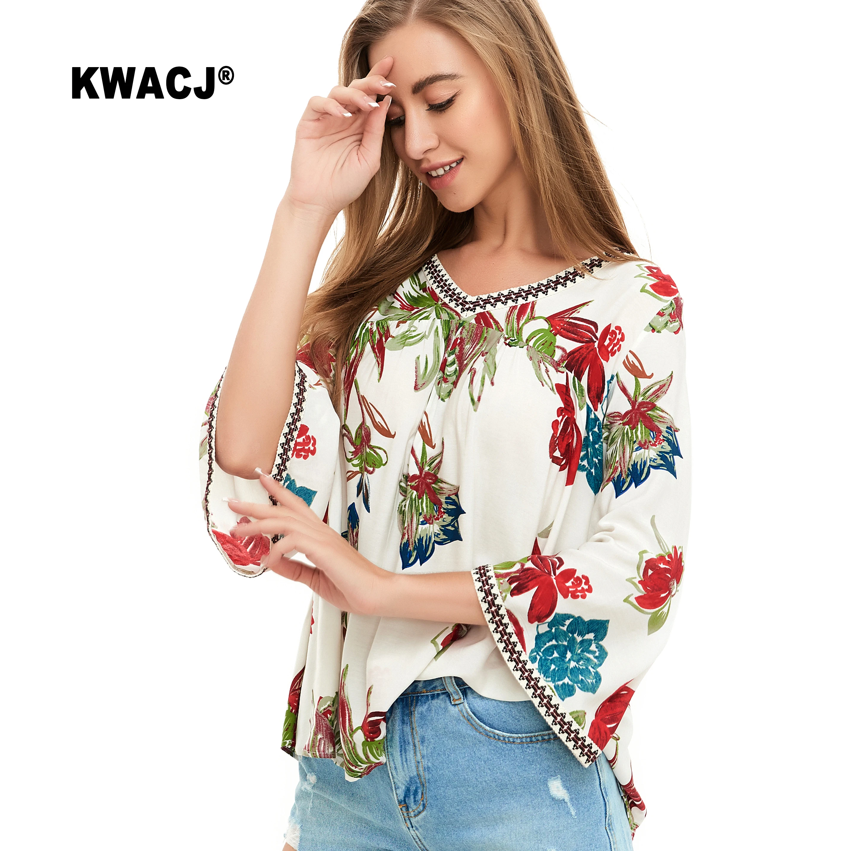 KWACJ Boho блузка с растительным принтом осенняя расклешенная блуза длинным рукавом