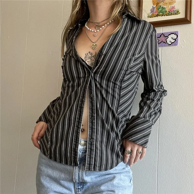 

Women Single-breasted Shirt Casual Adults Slim-fit Striped Long Sleeve Lapel Blouse Streetwear Base Shirts