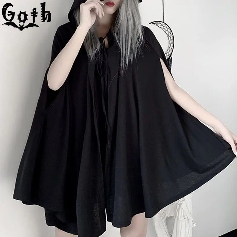 Gothic Black Cloak Women Hooded Cape Coat Lace Up Summer 2020 Shawl Party Casual Streetwear Female Capes |
