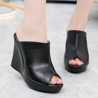new women sandals 2022 woman leather sandals wedges heel women high heeled womens shoes fish head black platform shoes 33 41