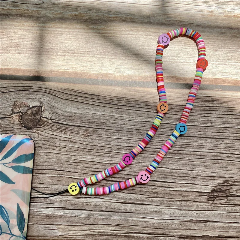 

Hot Rainbow Beads Wrist Strap For Phone Chain Mobile Phone Holder String Colorful Lanyard Fashion Smiley Jewelry 2021 Chains