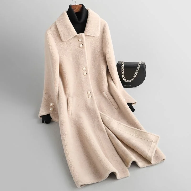 

Женское пальто из натурального овечьего меха, зимнее пальто, Корейская длинная куртка из овечьей шерсти, элегантная женская одежда, 2021, X509