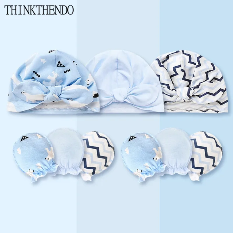 

Newborn Baby Anti-scratch Gloves Knotted Hat Set Handguard Cotton Mittens Beanie Cap Kit