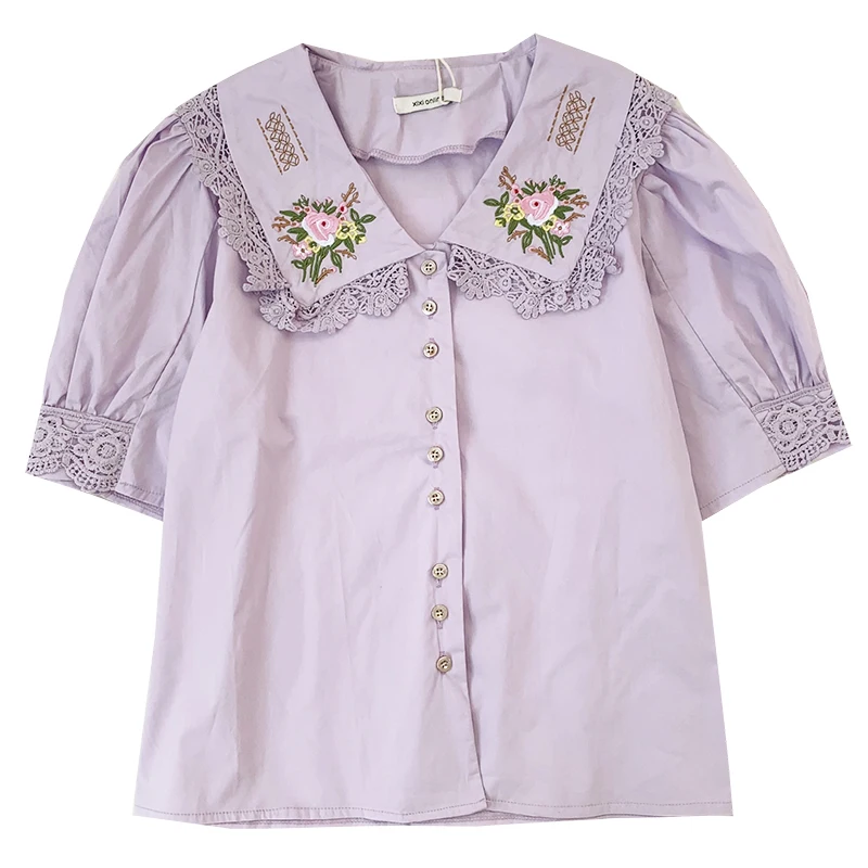 

Летняя кружевная строчка Цветочная вышивка отложной воротник пуговицы тонкая рубашка с коротким рукавом