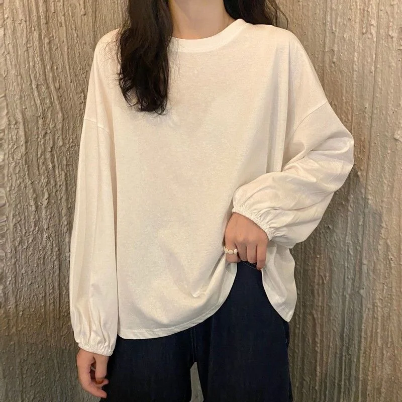 

T-shirts Solid Retro Around Neck Colorful Plus Size High Quality Lantern Sleeve n Style Loose Ins Daily Basic Students Chic