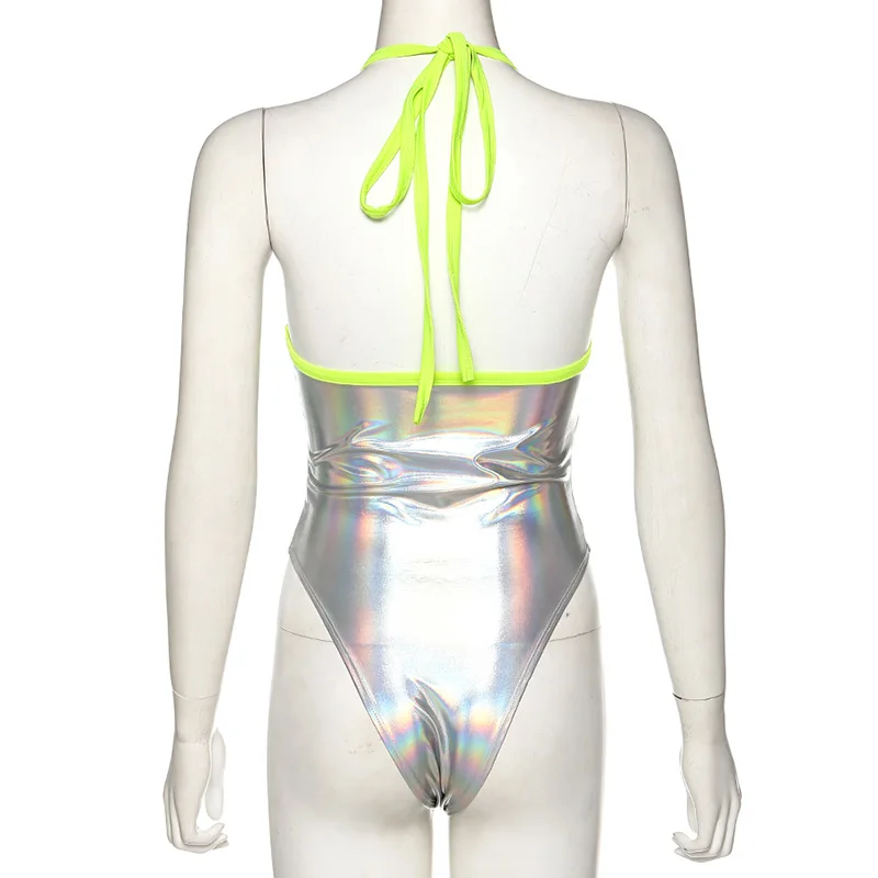 Голографическое Серебряное Сексуальное боди блестящее эластичное Женское