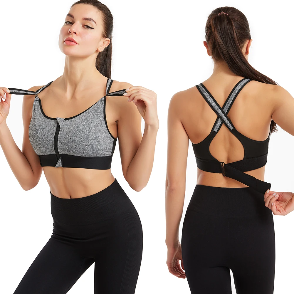

Fitness Bra Crop Top Zip Front Push Up Underwear Crisscross Back Detachable Pads Athletic Vest Workout Running Women Sports Bra