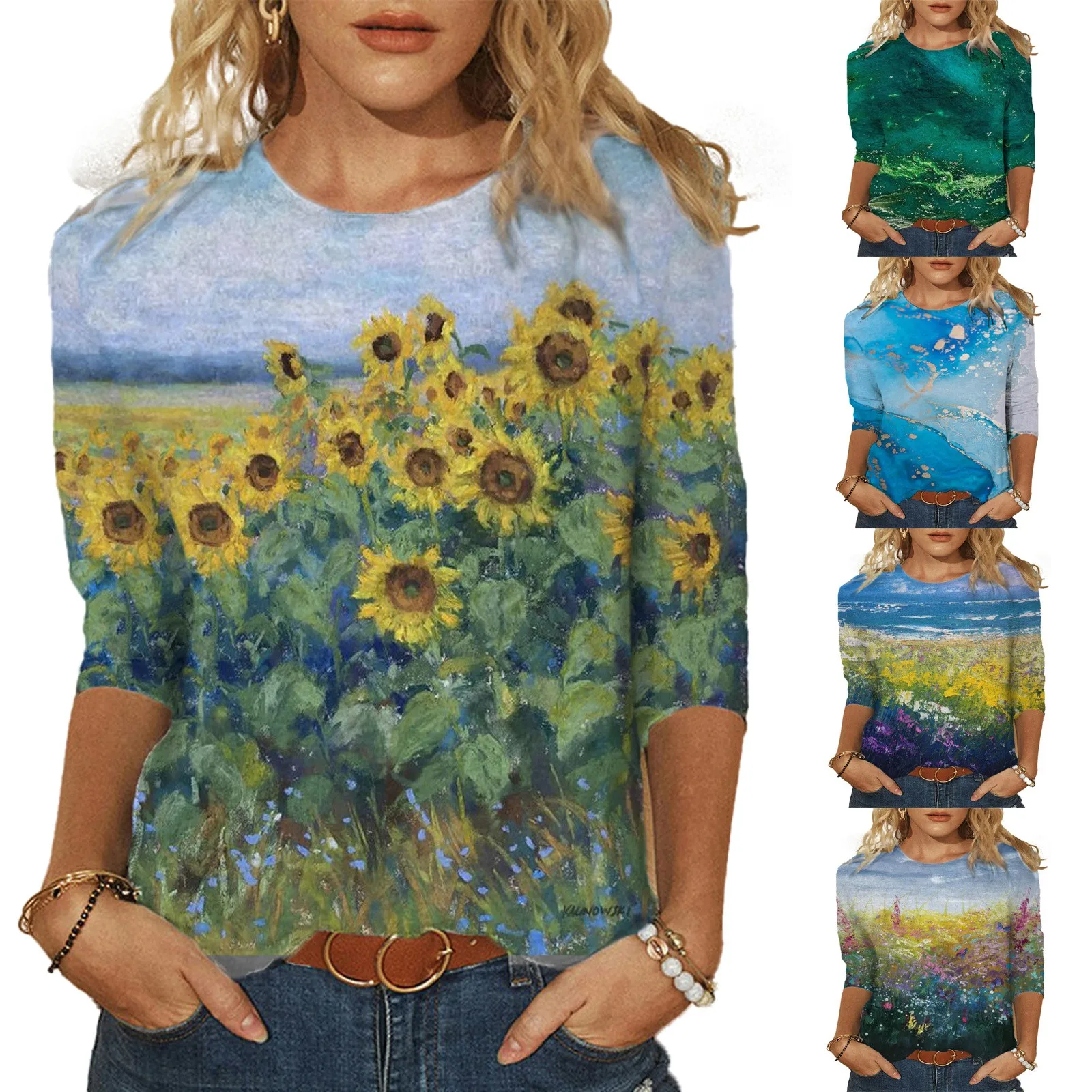 

Fashion Women's Spring Printed Mid-length sleeves Crew-Neck Casual Tee Tops Women's t-shirt blusa feminina топ женский