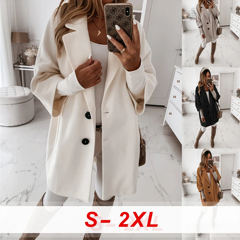 

Woolen Blends Coats Women Casual Three Quarter Sleeve Single Breasted Turn-down Collar Coat Outwear Loose Plush Long Overcoats
