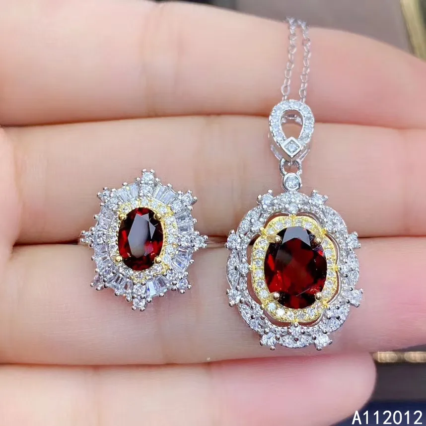 

KJJEAXCMY Fine Jewelry 925 sterling silver inlaid natural Garnet girl trendy necklace pendant ring set support test hot selling