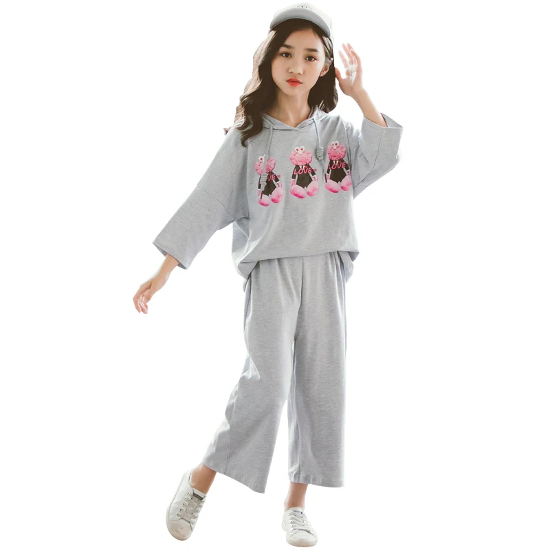 Осенний костюм с капюшоном широкие штаны для девочек 2019 корейские повседневные