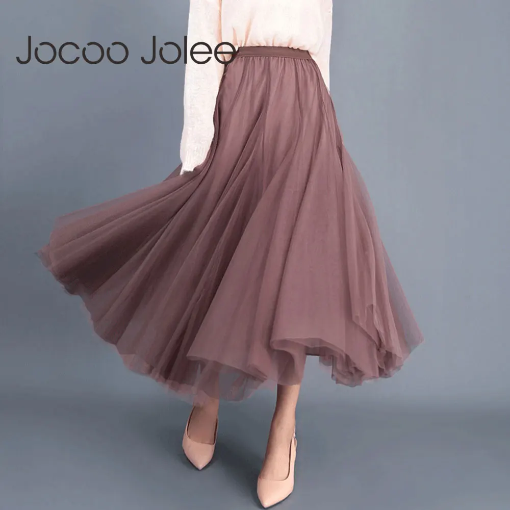 

Jocoo Jolee Women 2021 Spring Autumn Solid Gauze Mesh High Waist Slim Long Skirt Sweet Pleated A-line Ball Gown Elegant Casual