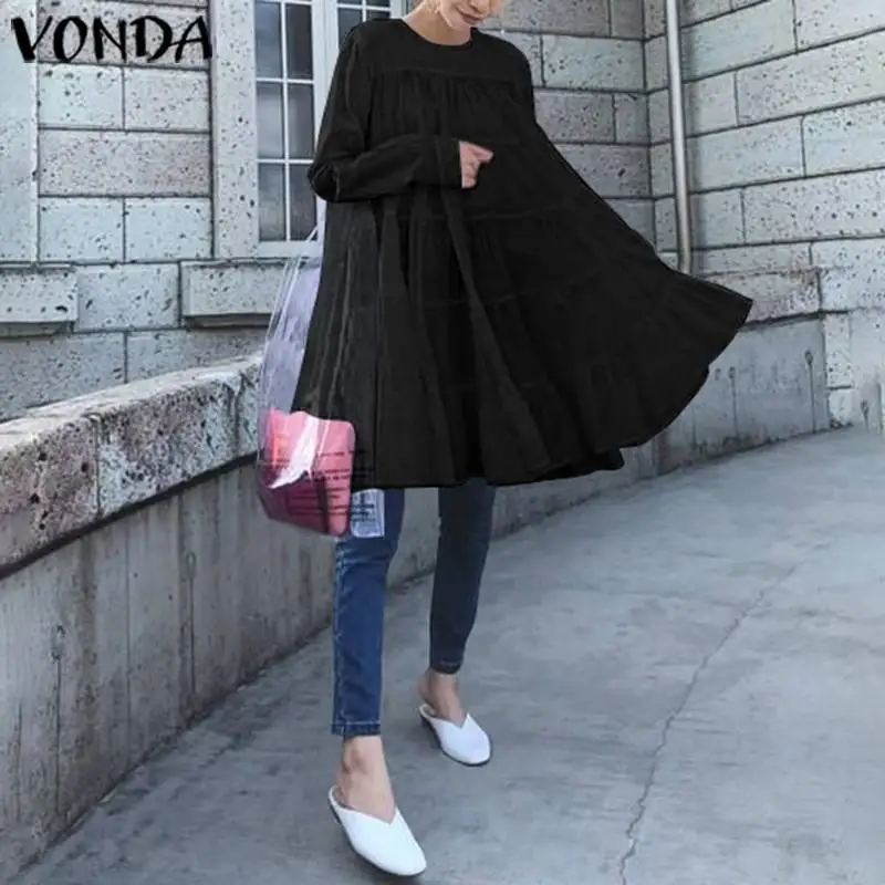 Женское мини-платье VONDA с длинным рукавом и круглым вырезом однотонное летнее