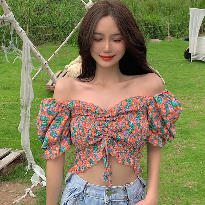 

Summer Women Blouse Floral Print Slash Neck Puff Sleeve Sweet Short Sleeve Shirts Blouses For Girls Blouses Shirts New