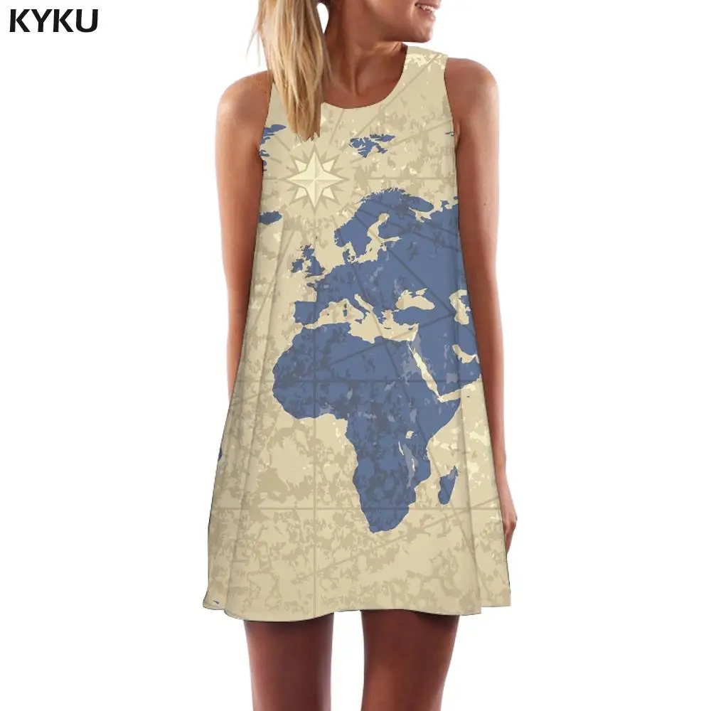 

KYKU Navigation Dress Women Map Sundress Harajuku Sexy Compass Korean Style Womens Clothing Casual Sleeveless Tunic Large Sizes