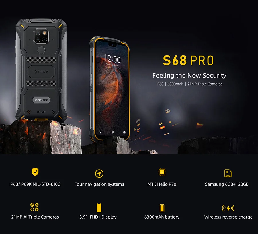 DOOGEE S68 Pro, прочный телефон, IP68, водонепроницаемый, Helio P70, четыре ядра, 6 ГБ, 128 ГБ, Беспроводная зарядка, NFC, 6300 мА/ч, 12V2A, зарядка, 5,84 дюймов, FHD