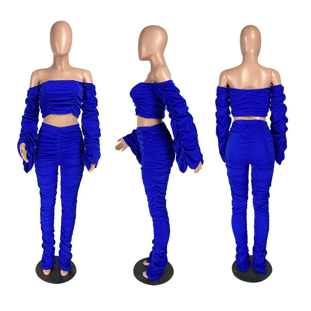 

Sexy Two Piece Set Women Festival Clothing Ruched Flare Sleeve Crop Top and Stacked Pants Leggings Birthday Night Club Outfits