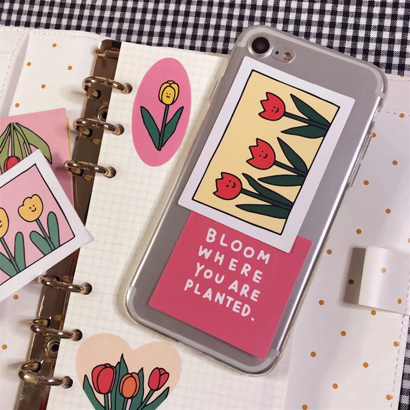 Korean Tulip Letters Flower Stickers Hand-painted Simple Mobile Phone Notebook Labels Decorative Sticker Seal sticker Stationery |