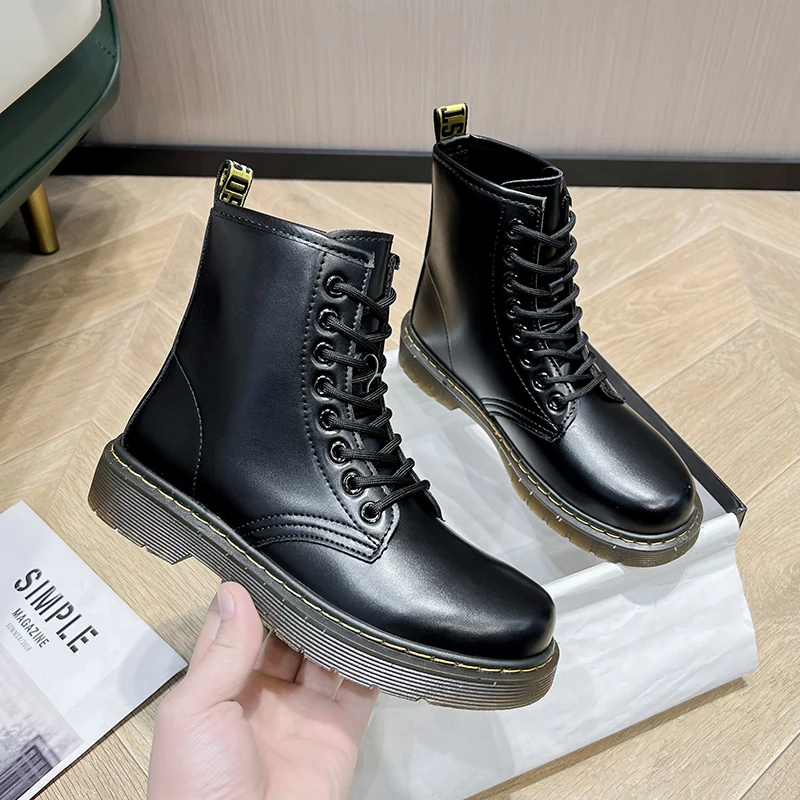 

Men's Women's Shoes Couple Martin Boots High Top Lace Up Leather Surface Thick Bottom Casual Leather Boots Plush Cotton Boots