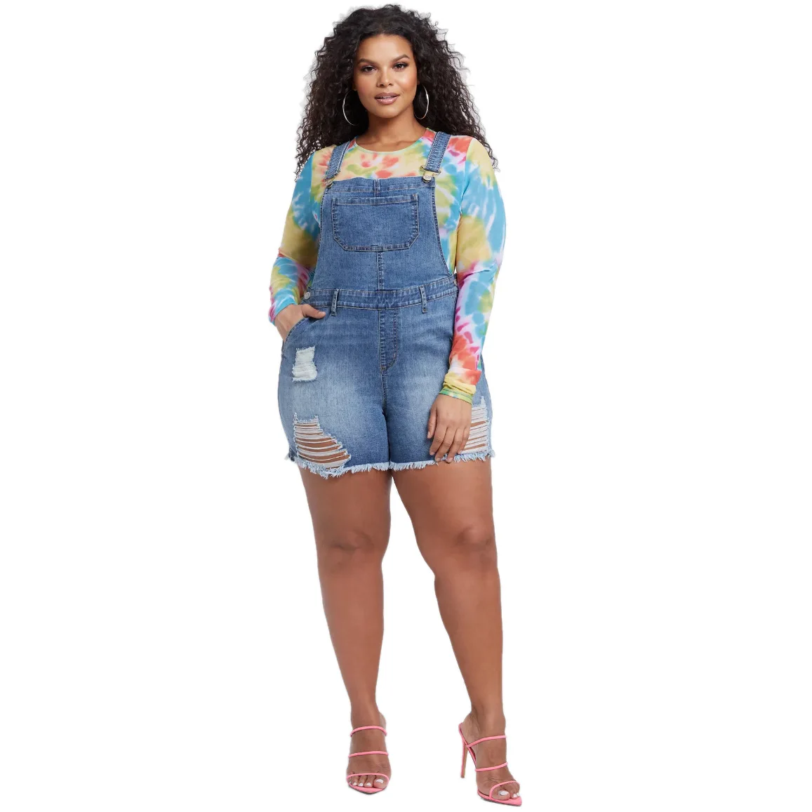 

Women's Solid Color Adjustable Strap Denim Jumpsuit Ripped Casual Bib