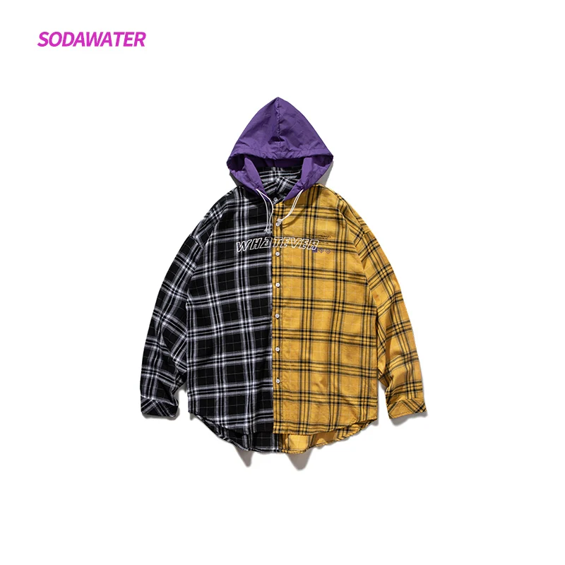 SODAWATER/рубашки с капюшоном для девочек, женская уличная мода, большие Лоскутные клетчатые блузки, женские свободные женские туники в стиле хип-хоп 92132W - Цвет: As Picture Shown