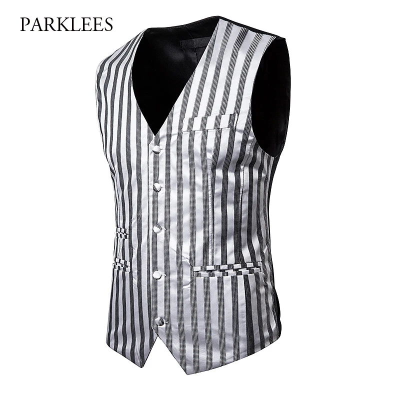 

Luxury Striped Suit Vest Men 2019 New Slim Single Breasted Mens Glitter Waistcoat Wedding Party Stage Club Gilet Chaleco Hombre