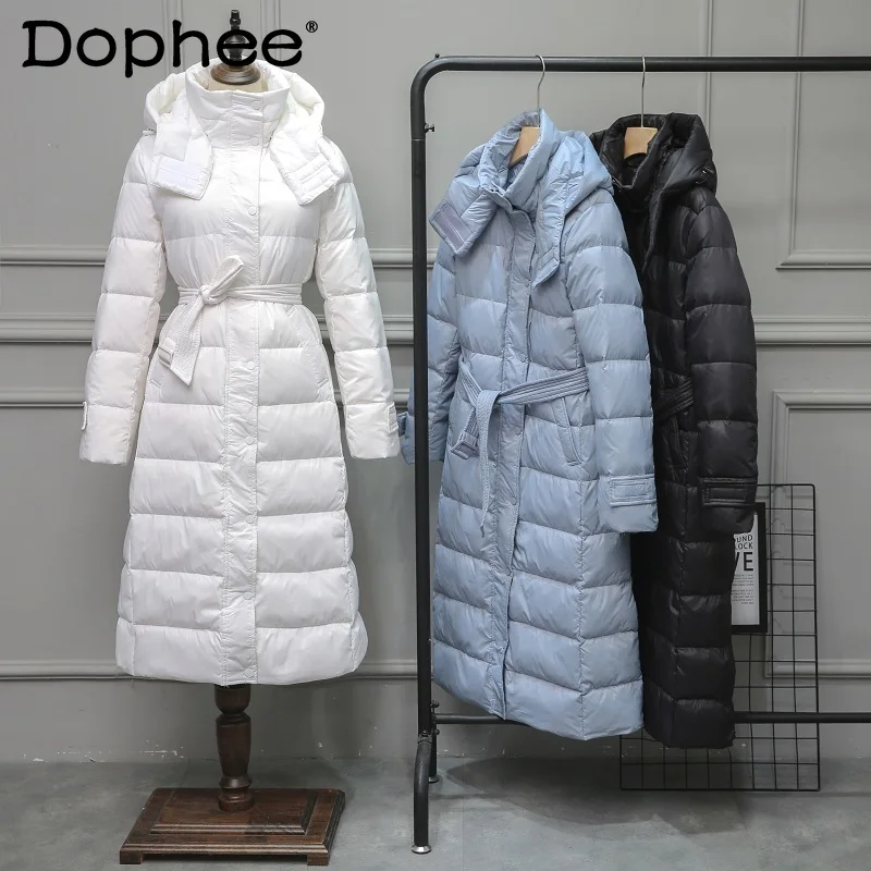 

90% White Duck Down Jacket Women 2021 New Winter Parka Korean Belt Waist Slimming Slim Fit Snow Wear Long Hooded Black Down Coat
