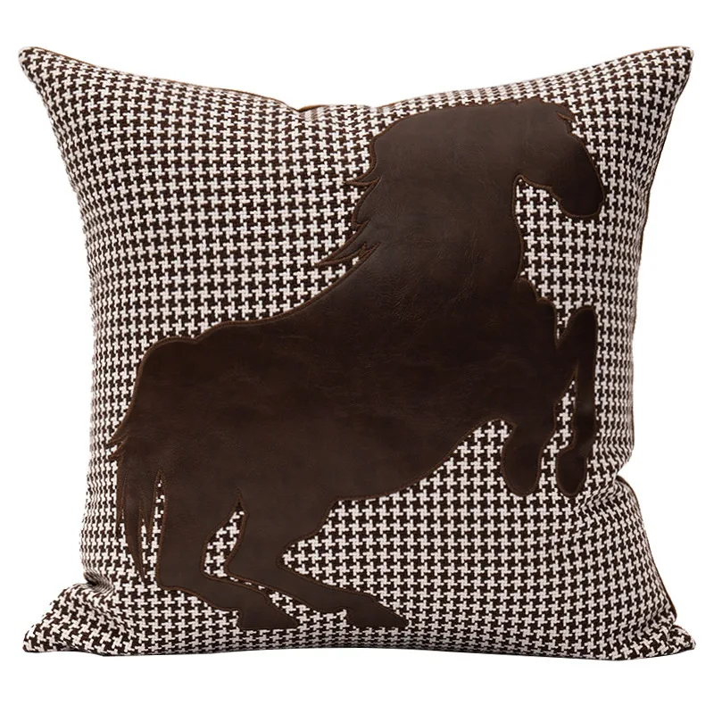 

DUNXDECO Cushion Cover Decorative Pillow Case Modern Swallow Gird Brown Horse PU Patchwork Coussin Room Sofa Art Decorating
