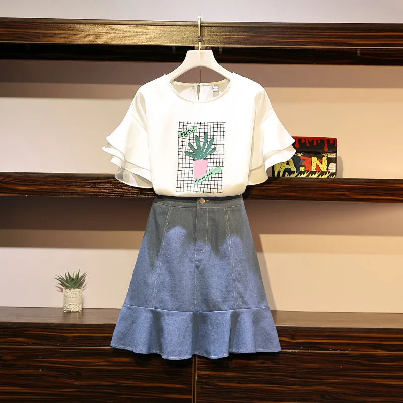 Лето 2019 большой размер женский толстый мм модный топ с принтом + джинсовая юбка