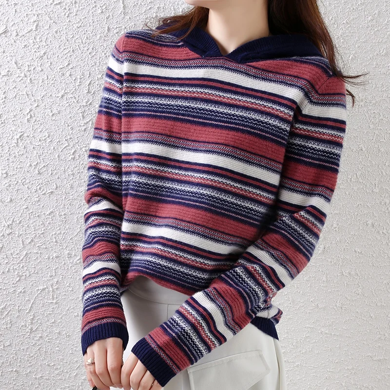 

Новинка; Верхняя одежда с капюшоном и воротником Свитер в полоску для женщин для худого телосложения плотные кашемировый свитер 100% свитер и...