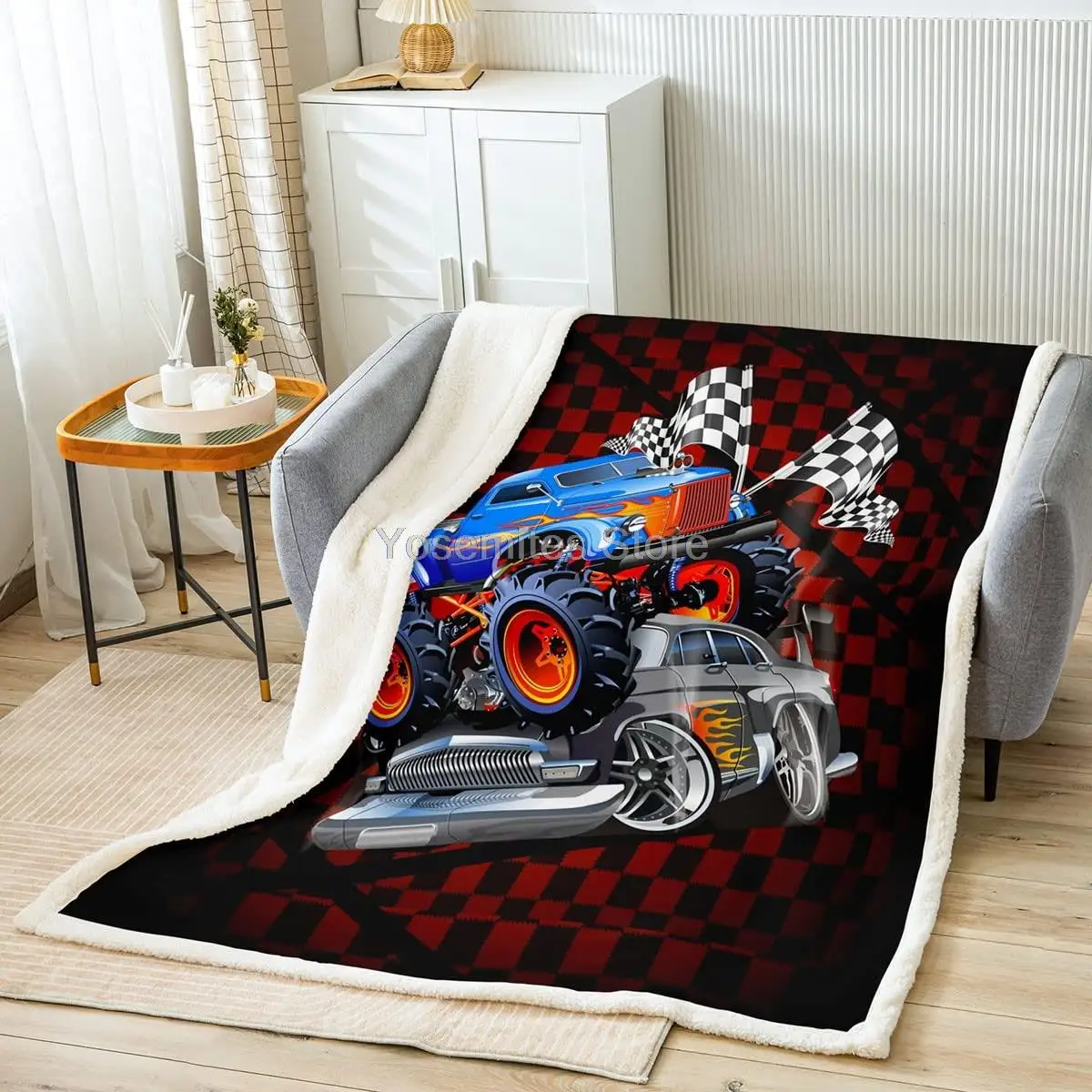 

Cartoon Sports Cars Bed Throws,Blue Silver Truck Print Thrown Blanket for Kids Boys Gift, Red Black Plaid Soft Polyester Throw B