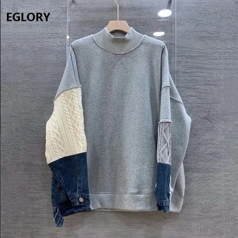 High Quality New Sweatshirts 2020 Autumn Winter Loose Tops Women Denim Knitting Patchwork Long Sleeve Casual White Grey Tops