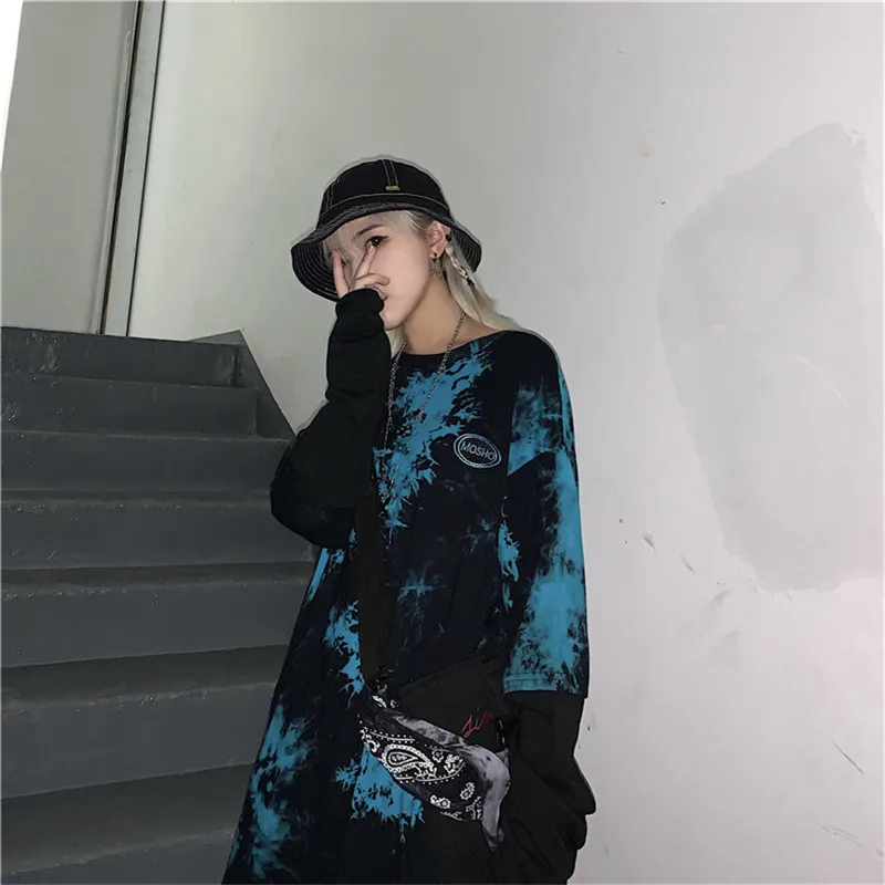 Lychee Harajuku Tie dying женские футболки, топы, футболки с вышитыми буквами, женские футболки, Поддельные 2 штуки, женские футболки, топы, футболки