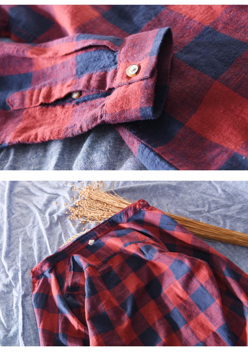 Рубашка мужская клетчатая с длинным рукавом хлопок и лен Повседневная модная