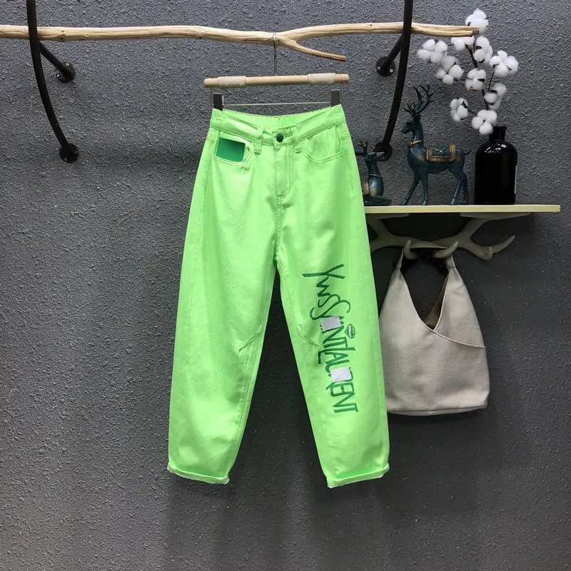 

Fluorescent Green Summer Jeans for Women 2021 New Arrival High Waist Printing Daddy Pants Ankle-length Loose Harem Jean Mujer