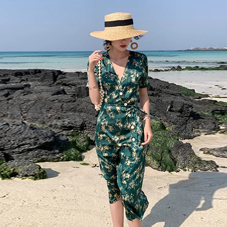 Женское винтажное платье с принтом летнее Бандажное коротким рукавом и v