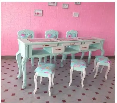 

New paint blue specials double-layer nail table, single and double three-person nail table and chair set