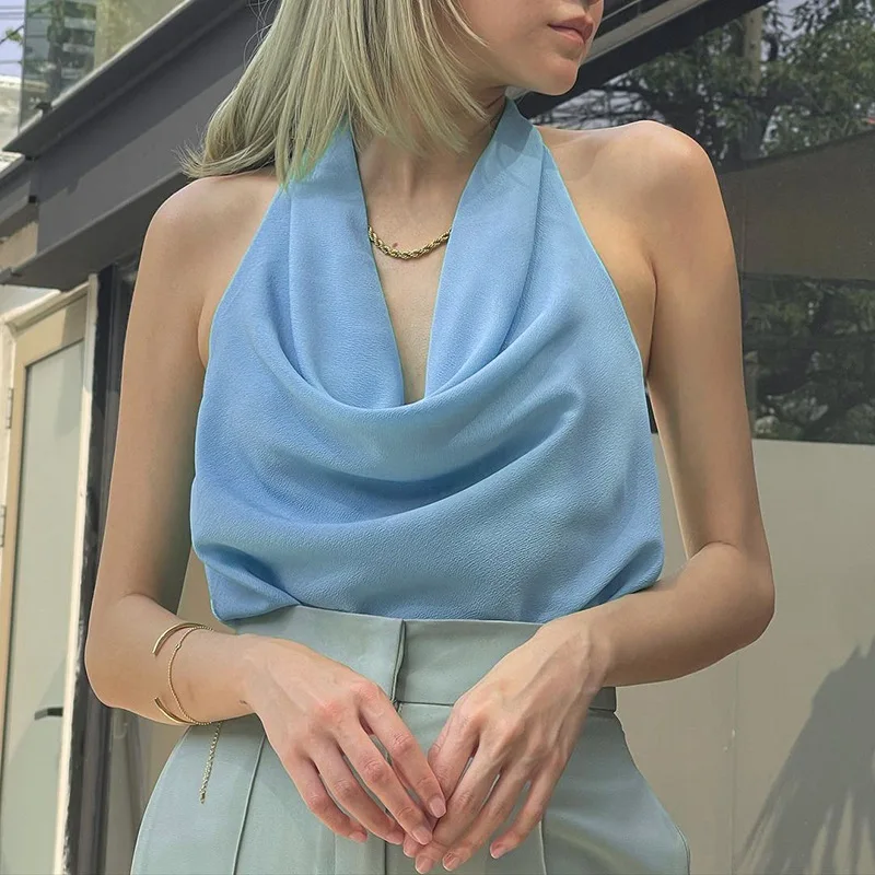 

Chiffon Summer Yellow Blue Tank Top Camisole Women Sexy Slim Elegant Halter V-Neck Backless Tanks Camis Tee Shirt Femme T-shirt