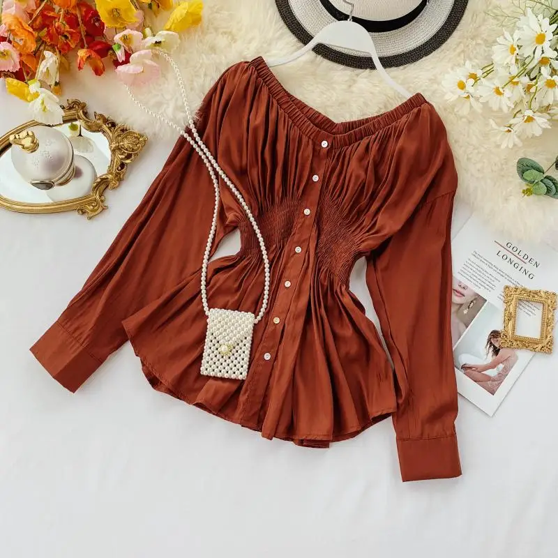 2019 Новая модная женская блузка с вырезом лодочкой тонкая талия темпераментная