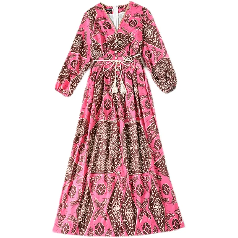 

2021 Spring Women Elegant Retro Print Dress Runway Designers Long Maxi Vintage Vacation Robe Femme Aline Party Vestidos