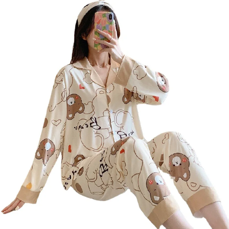 Women's Pajamas Set Long-sleeved Cartoon Cardigan Autumn and Winter Women Home Service Suit Clothes Sleepwear pijama feminino