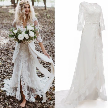 Real sample photo  lace bohemia mermaid wedding dress bridal gown with sweep train