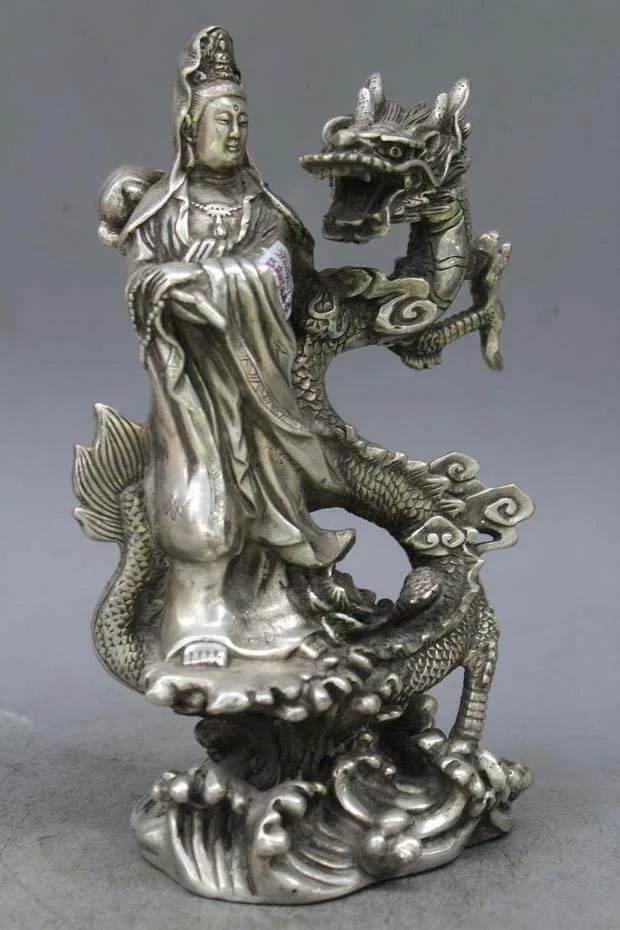 

9" Chinese Buddhism Tibet Silver Copper Dragon GuanYin buddha statue