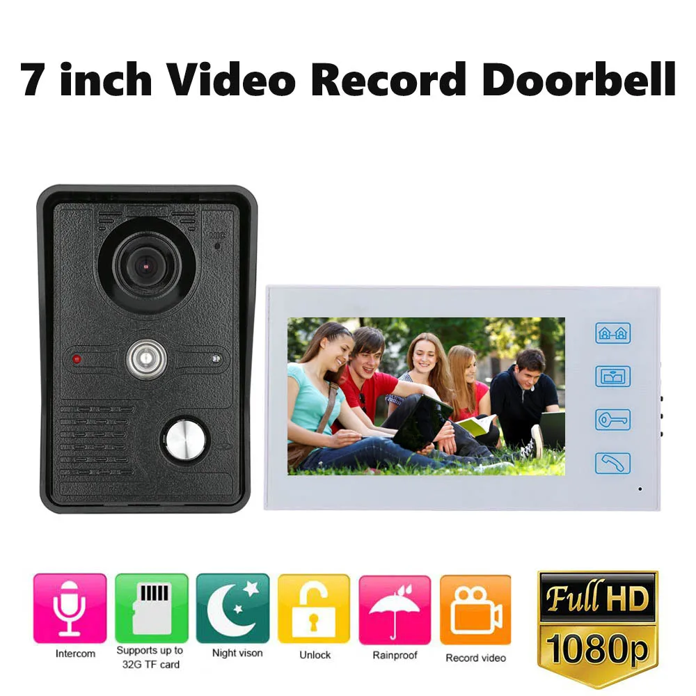 

1080P Video Intercom System 7 inch Video Record Touch Monitor Wired Video Door Phone Doorbell Kits Support AHD 1080P Camera