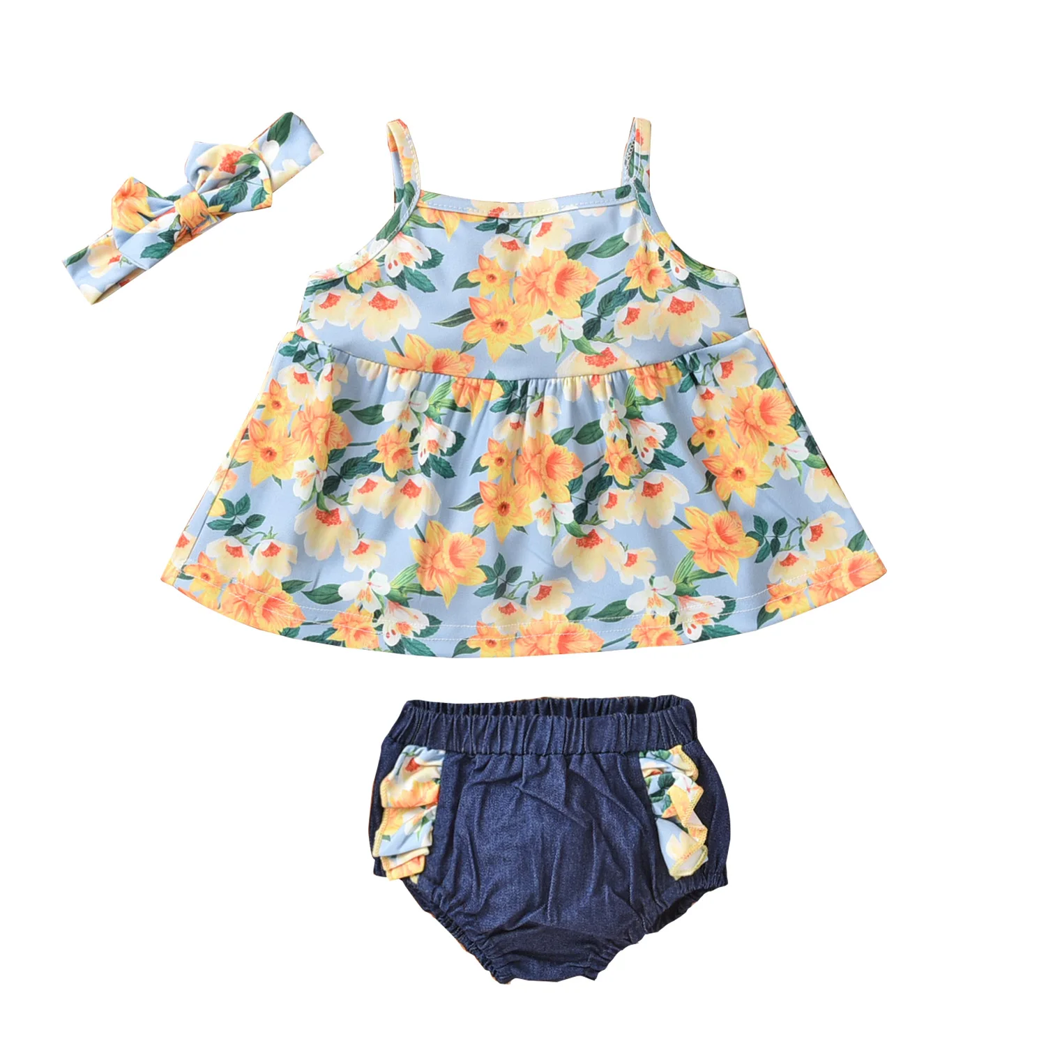 

Three-piece Baby Girls Clothes Set, Blue Floral Printed Pattern Sleeveless Boat Neck Tops, Shorts and Headdress