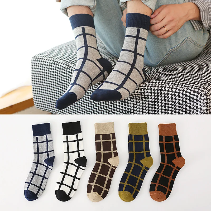 

Men's Cotton Socks Retro British Style Solid Color Plaid Middle Tube Socks Fashion Sports Breathable Harajuku Male Cotton Socks