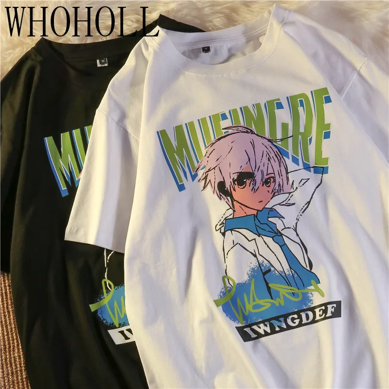 

WHOHOLL Casual T-shirt For Couples 2021 Summer Man Women Short Sleeve Cartoon Anime Print T-shirts Loose Top Tee