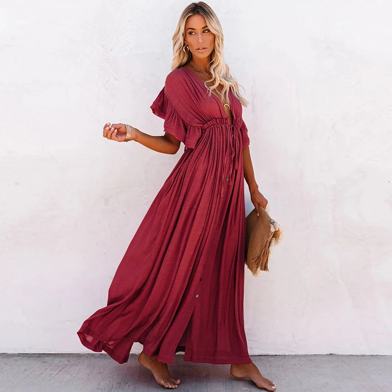 

Fashion Solid Color Short-Sleeved V-Neck Knitted Dress European And American Women's ladies Temperament Fashion Ruffled Sleeves