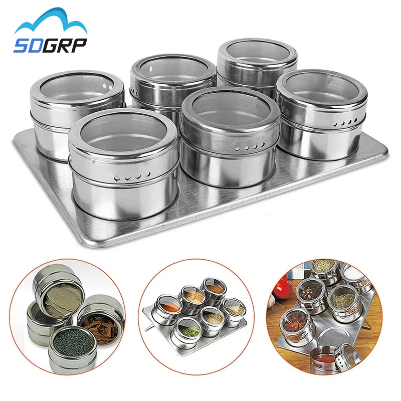 4/6/9 Pieces Magnetic Spice Jars Set Stainless Steel Salt and Pepper Spray Shakers Spice Rack Seasoning Box Condiment Container
