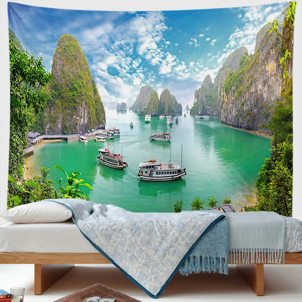 

Fancy Waterfall Cliff Grassland Tapestry Sunrise Natural Landscape Spring Art Wall Hanging Boho Home Decor Picnic Mat Carpet